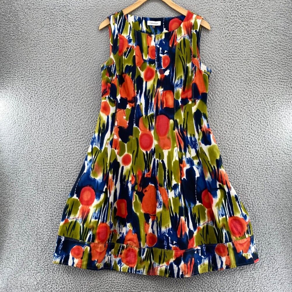 Calvin Klein Navy Blue, Olive Green & Orange Abstract Mini Dress